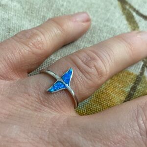 Blue Opal Whale Tail Sterling Silver Ring size 8